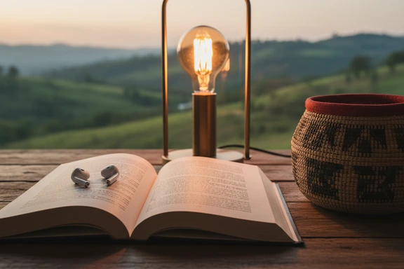 Open book with isiZulu text and wireless earbuds on wooden table