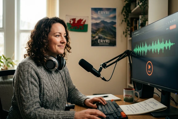 Home studio with Welsh flag, microphone and video editing timeline showing a Welsh travel vlog