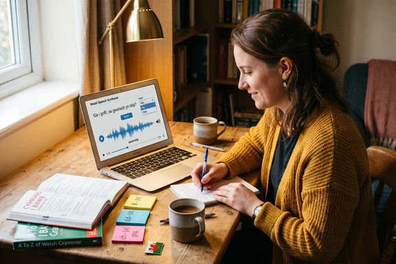 Student desk with Welsh grammar textbook, phonetic notes featuring ll and dd, and headphones