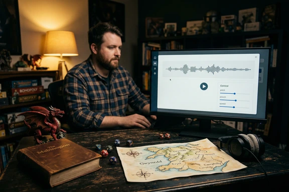 Gaming desk with D&D dice, Welsh-themed fantasy map and character sheet