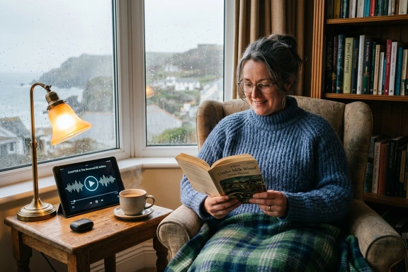 Open Welsh poetry book with earbuds and warm reading lamp, cup of tea