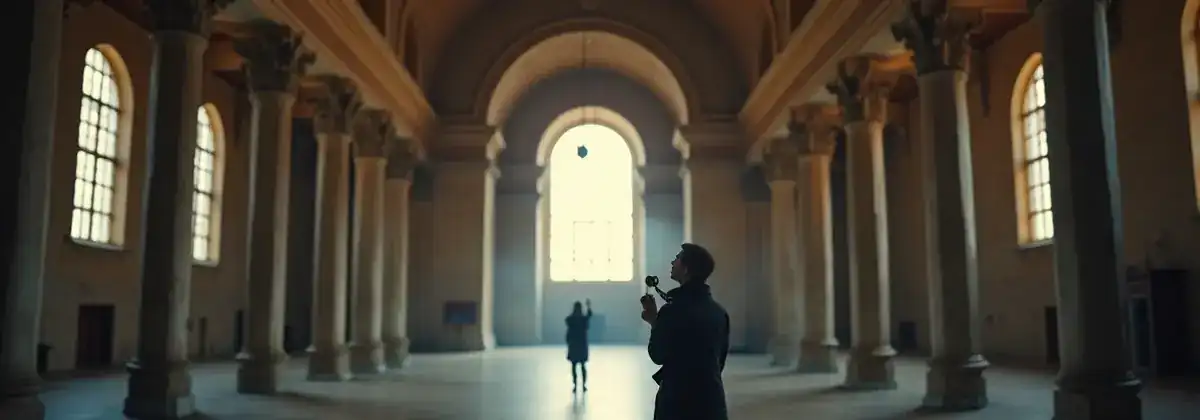 Museum visitor listening to audio guide in a grand columned hall