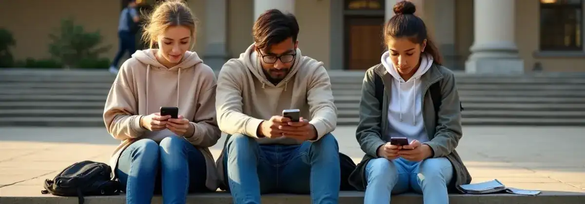 Students on campus steps consuming educational audio on their phones