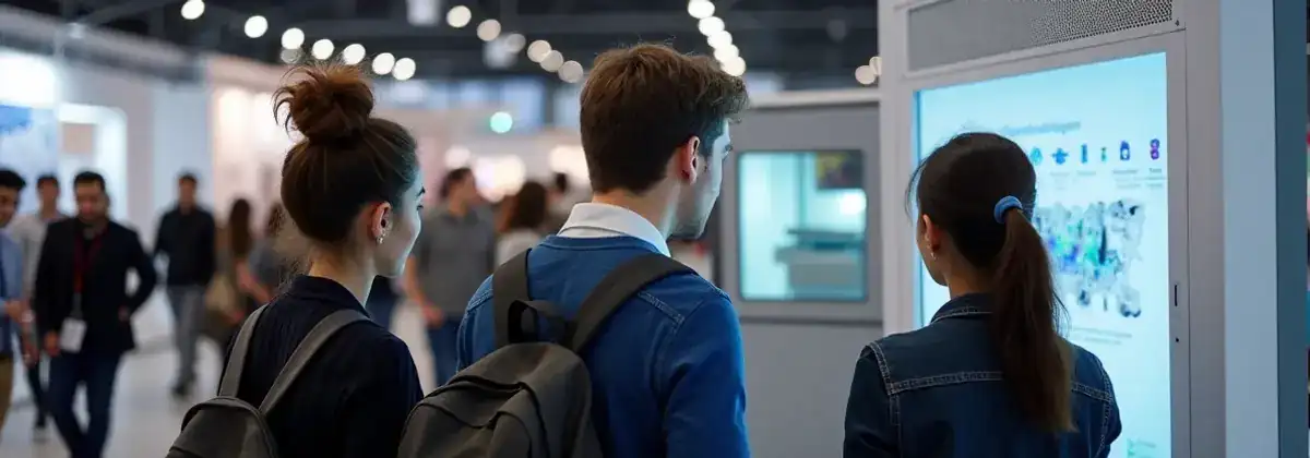 Young visitors browsing interactive kiosk with localized content at a trade show