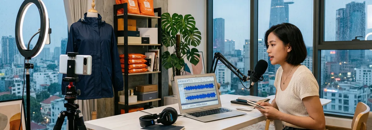 Seller TikTok Shop quay video sản phẩm với laptop hiển thị waveform audio