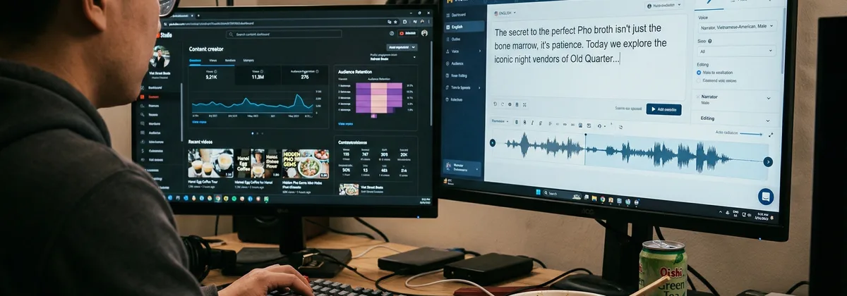 Màn hình laptop hiển thị kênh YouTube faceless với waveform tiếng Anh
