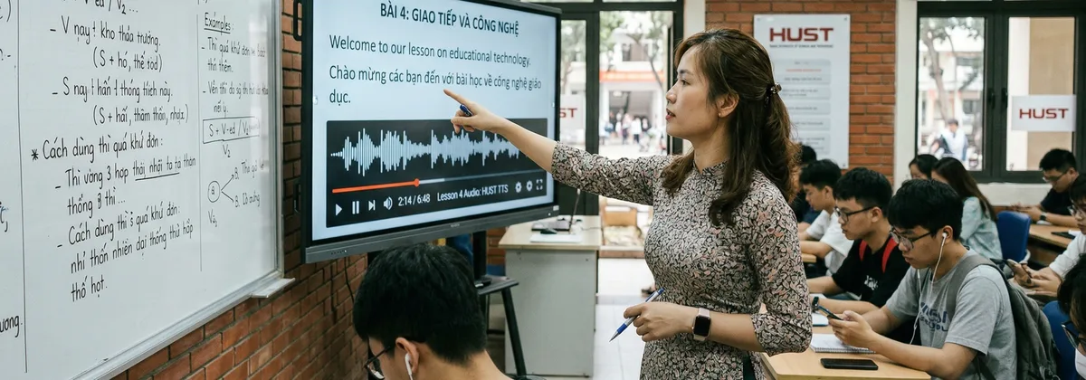 Giáo viên cùng sinh viên trong lớp học với tai nghe và bài nghe trên màn hình
