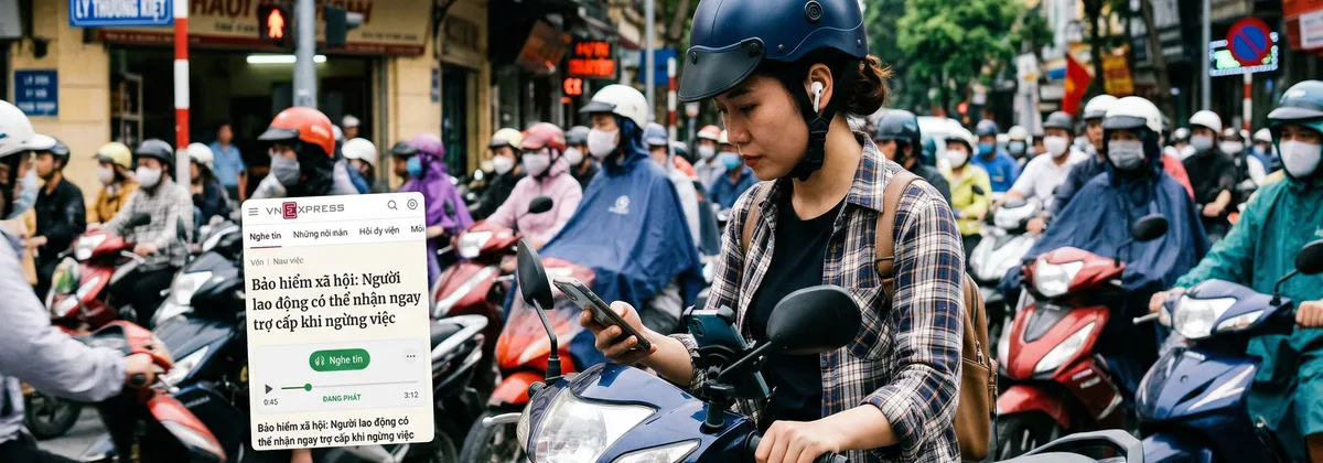 Người đi xe máy trên đường phố Hà Nội nghe tin tức audio qua tai nghe