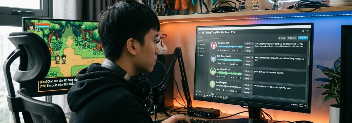 Game developer tại workstation với dialog mode trên màn hình