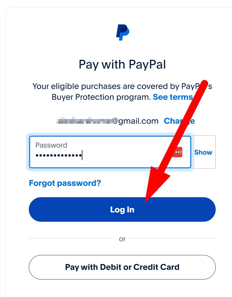 PayPal login screen