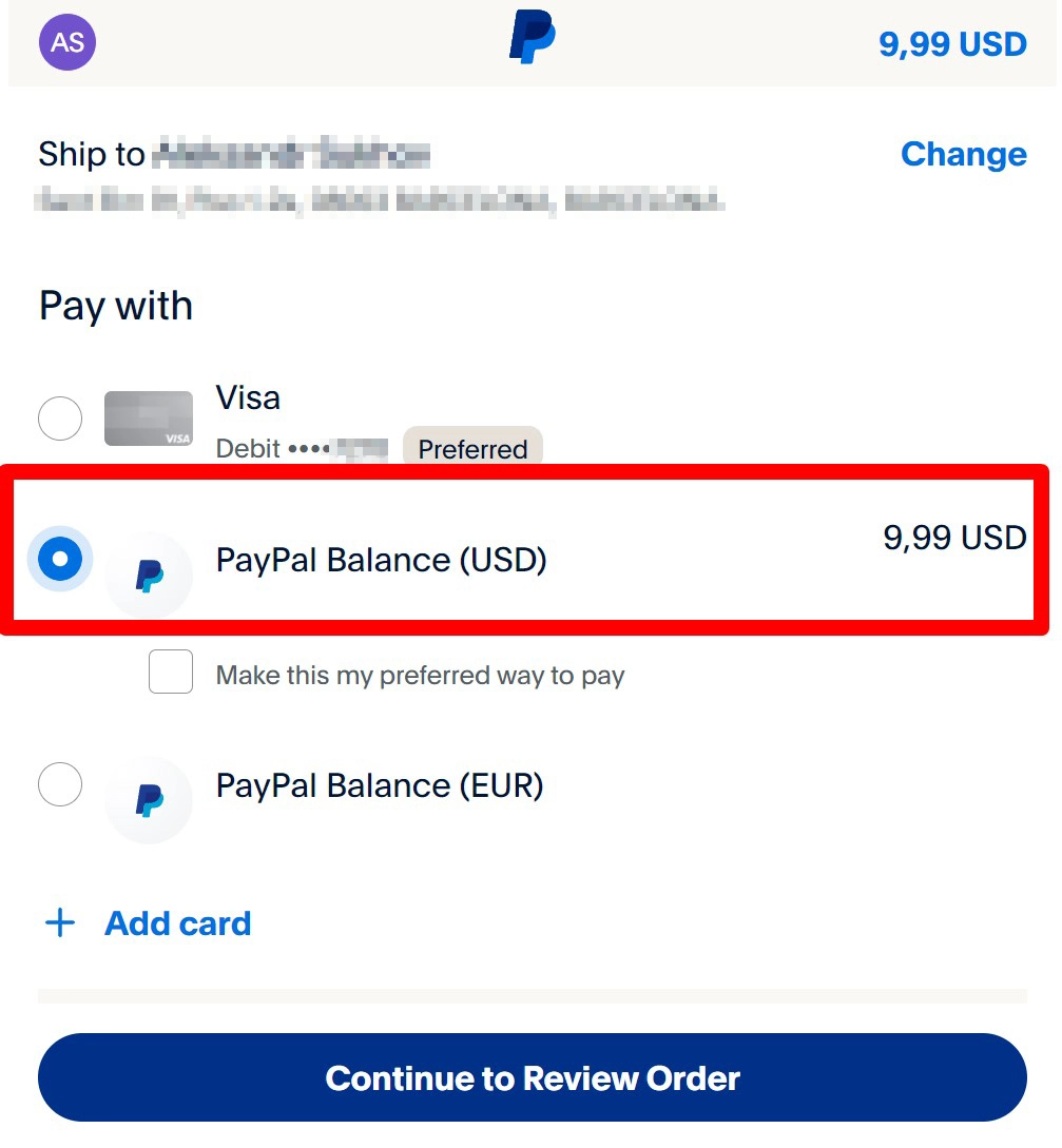 PayPal balance payment option