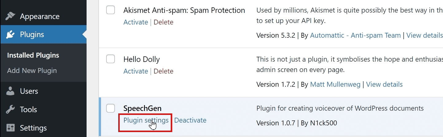 Speechgen plugin settings